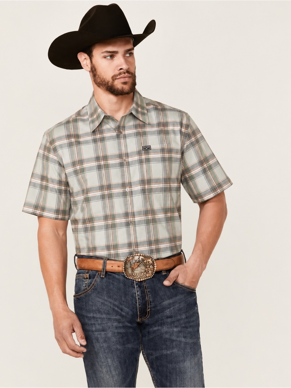 Kimes Ranch Men’s Short Sleeve Plaid Shirt in Sage/Beige/Orange